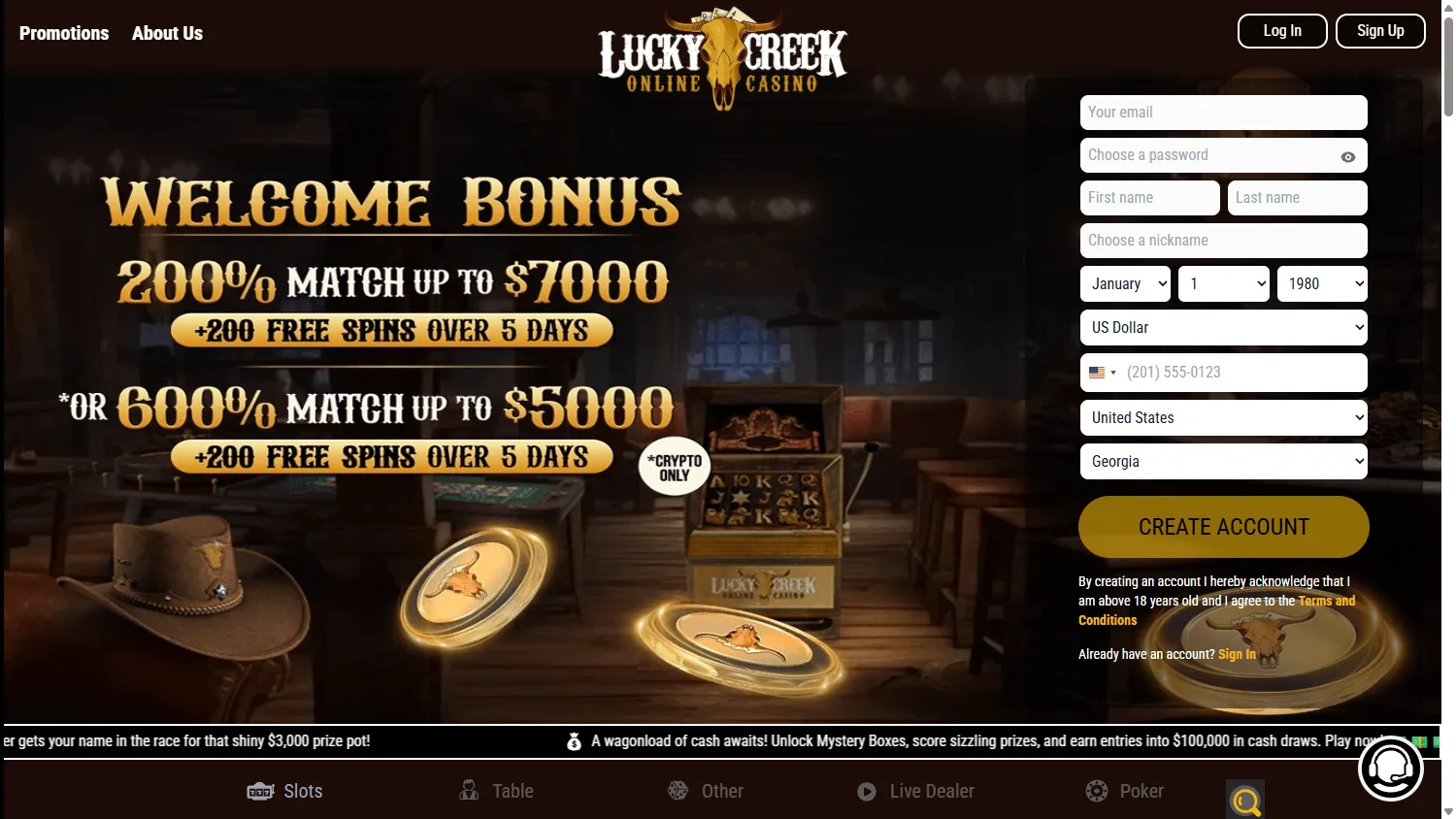 Lucky 7 Casino home screen on desktop